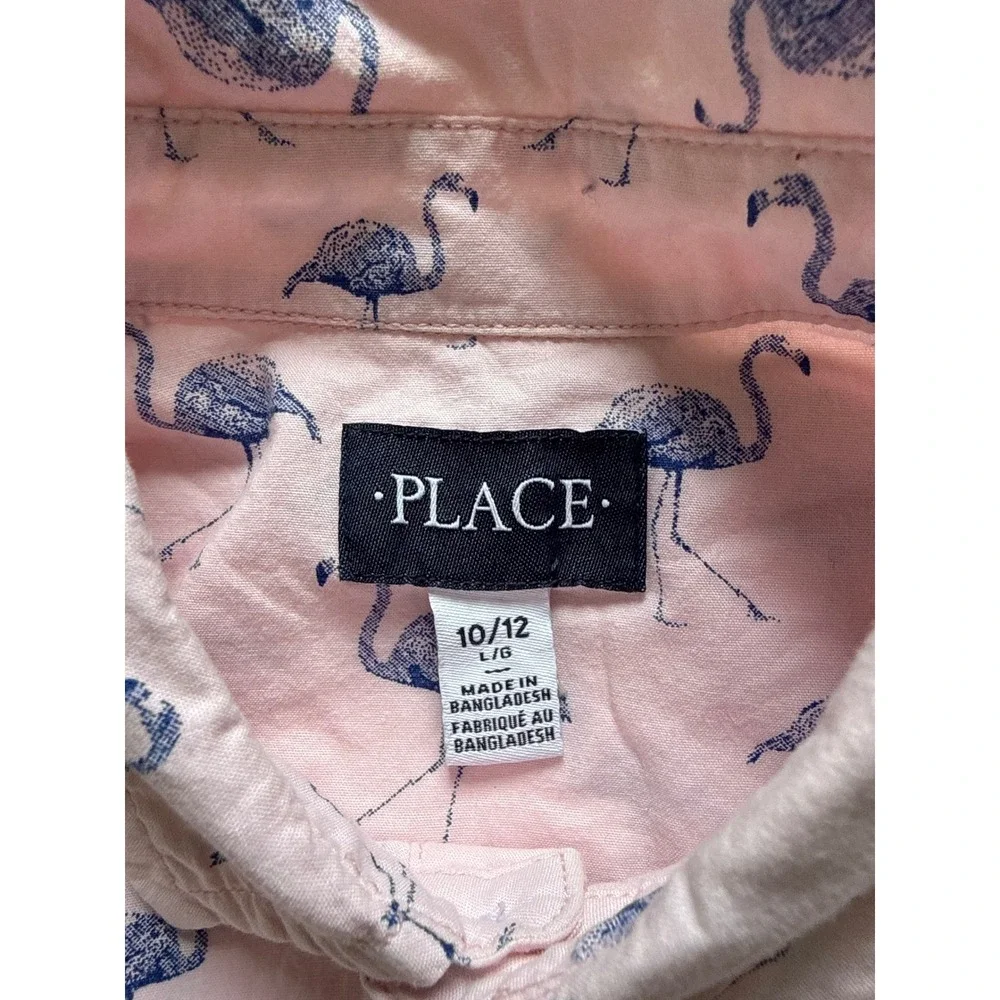 The Childrens Place Boys Pink Flamingo Print  Button Down Shirt 10/12